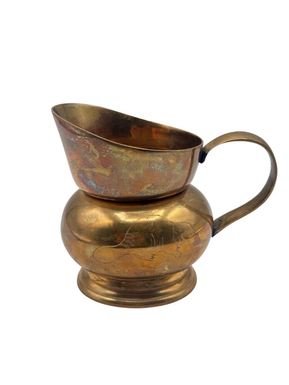 Vintage Hudson Bay Brass Pitcher 4.5" Tall Etched Beaver Design 1970s Decorative - Picture 4 of 11